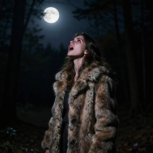 Photograph of a woman with long brown hair, wearing a fur coat, gazing at a full moon in a dark forest. Her mouth is open