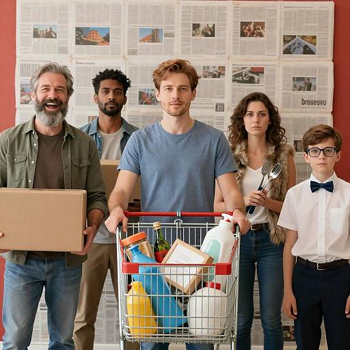 Diverse Group by Newspaper Wall