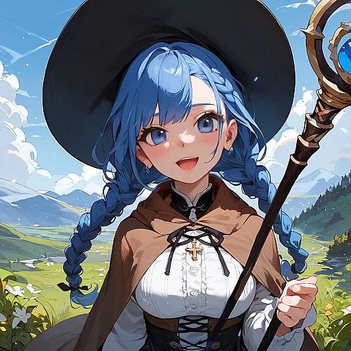 Digital anime-style drawing of a blue-haired girl with braids, wearing a black hat, brown cape, white blouse, and holding a staff, smiling
