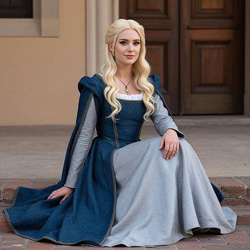 Photograph of a blonde woman with long, wavy hair, wearing a blue and gray medieval-style dress with puffed sleeves, sitting on stone steps