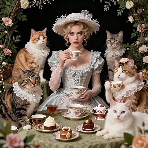 Vintage-style photograph of a blonde woman in a white lace dress and bonnet, surrounded by six cats, enjoying tea with delicate china and pastries,