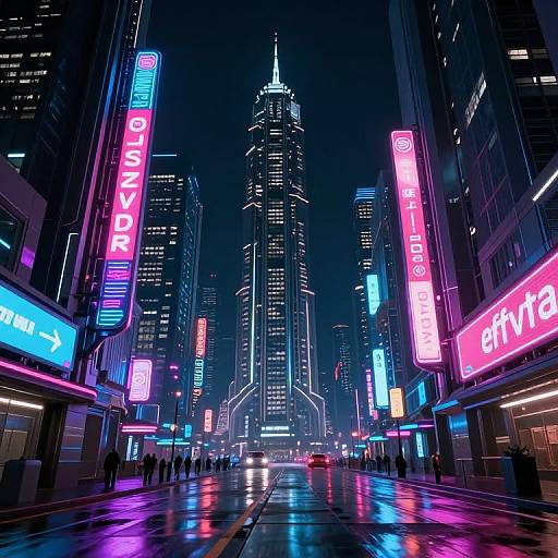 Neon-lit, futuristic city street at night with vibrant pink, blue, and purple signs, reflecting on wet pavement, tall skyscrapers in