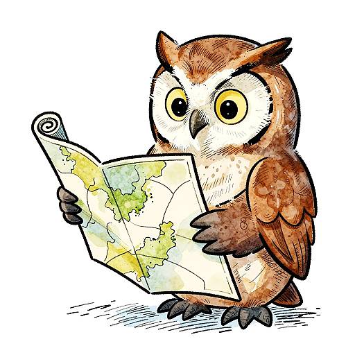 Whimsical Owl with Rolled-Up Map