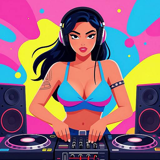 Digital illustration of a Latina DJ with long black hair, wearing a blue and pink bra, headphones, and armband, mixing music against a vibrant pink