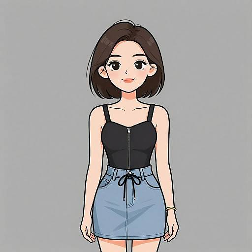 Digital anime-style drawing of a young woman with fair skin, short black hair, wearing a black strapless top and blue high-waisted skirt against