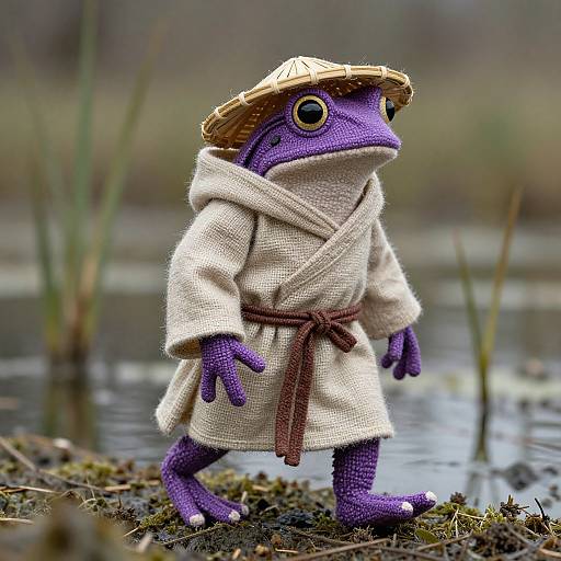 Photograph of a purple frog figurine in a beige bathrobe and straw hat, standing on muddy grass near a pond.