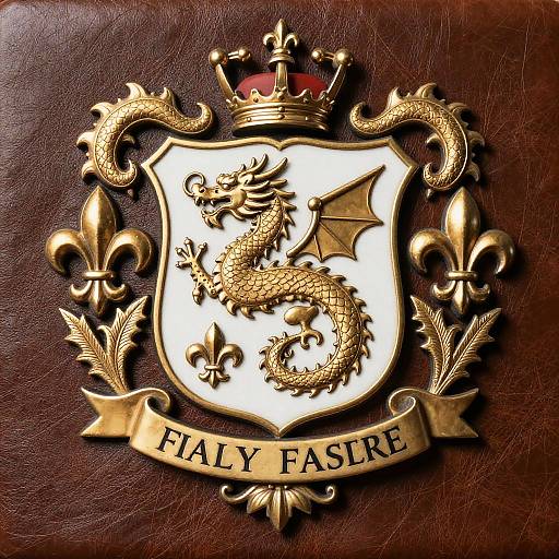 Gold heraldic crest with dragon, fleur-de-lis, crown, and 