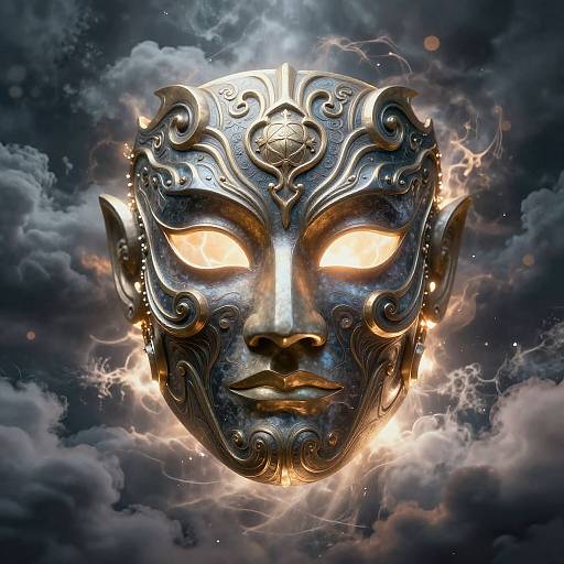 Intricate Mask Amid Storm Clouds