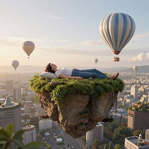 Photograph of a man with brown hair, white shirt, and blue jeans, lying on a grassy floating rock, surrounded by cityscape and multiple