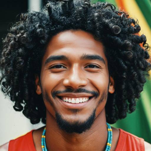 Smiling Man with Curly Hair and Beaded Necklace