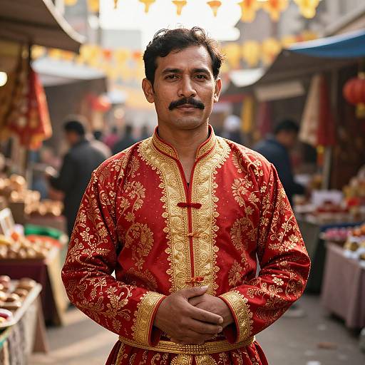 Photograph of a mustachioed South Asian man in a red, gold-embroidered traditional outfit, standing confidently in a bustling outdoor market