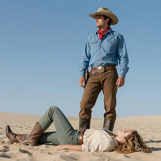 Cowboy and Woman Relaxing on Beach