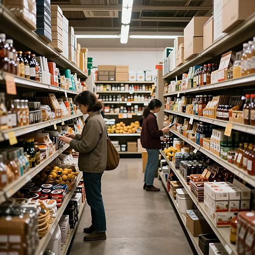 Photograph of two Asian women shopping in a brightly lit, narrow grocery aisle with shelves filled with various packaged goods and fruits.