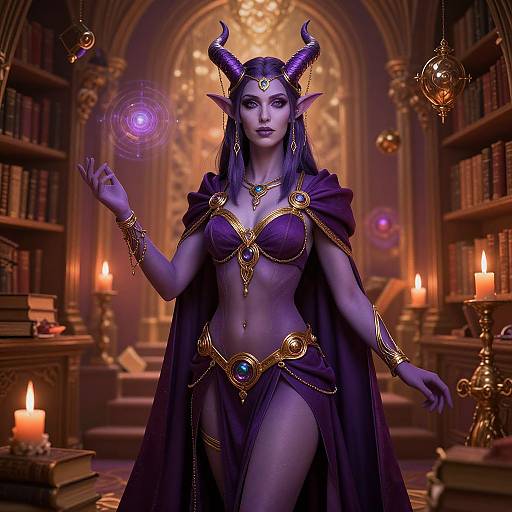 Digital fantasy artwork: Dark-skinned, purple-horned, elven witch with glowing purple orb, gold-trimmed purple bikini, and cape