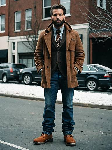Stylish Man in Brown Woolen Coat and Denim Jeans