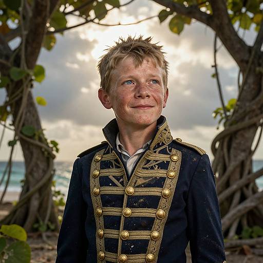Photograph of a young boy with messy blond hair, wearing an ornate black and gold military-style jacket, standing in a tropical forest with sunlight and