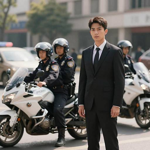 Photograph of a serious Asian man in a black suit standing in front of three police officers on white motorcycles in a busy urban street.
