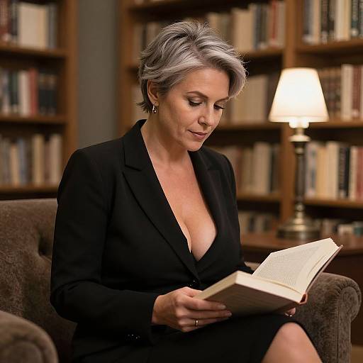 Photograph of an older woman with short gray hair, wearing a black blazer with a deep neckline, reading a book in a library with wooden book