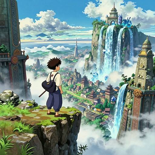 Anime-style digital artwork: Spiky-haired boy with backpack stands on cliff, overlooking misty city with towering waterfalls and ancient ruins.