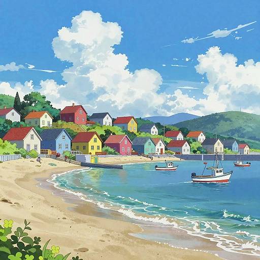 Vibrant digital illustration of a quaint coastal village with colorful houses, sandy beach, calm blue sea, and small boats under a bright, cloudy sky