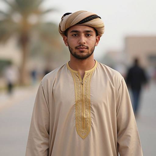 Photograph of a young Middle Eastern man with dark skin, brown eyes, and trimmed beard, wearing a beige thobe with gold embroidery and a black