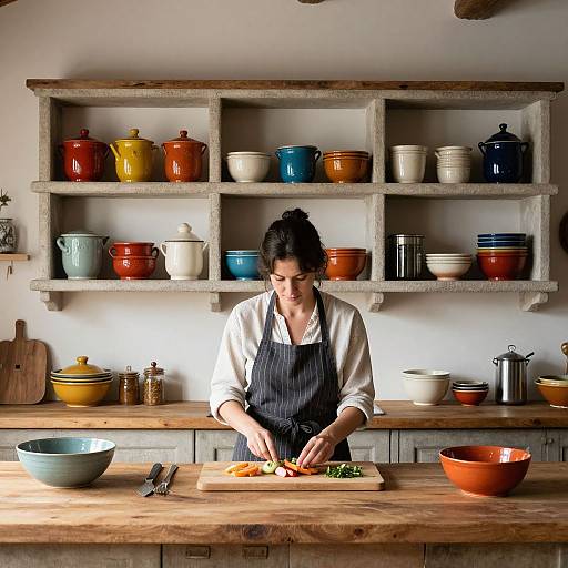Photograph of a woman with dark hair in a black apron, slicing green vegetables on a wooden kitchen island, surrounded by colorful ceramic pots on rustic