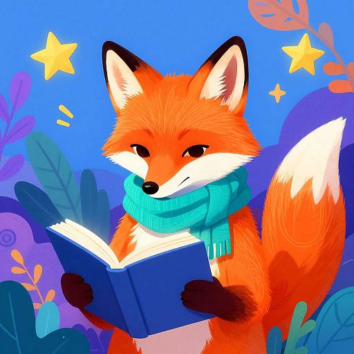 Cute, cartoon-style fox with bright orange fur and white tail, wearing teal scarf, reading a blue book against a vibrant blue background with stars and