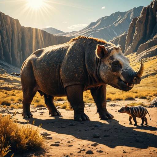 Entelodont Hell Pig with Cub in Prehistoric Landscape