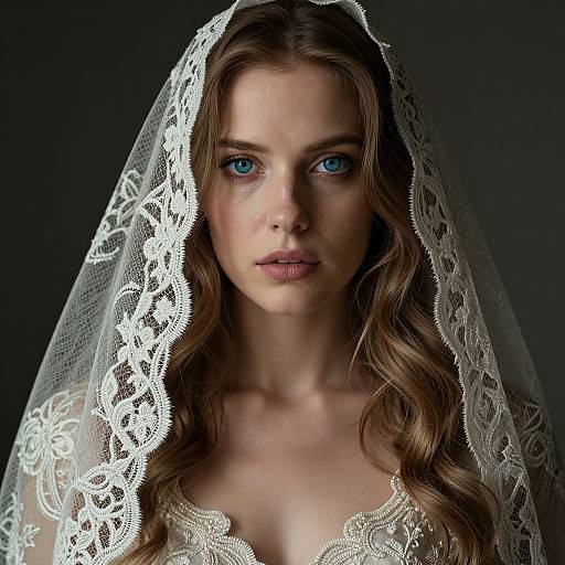 Photograph of a fair-skinned, blue-eyed woman with long, wavy brown hair, wearing a delicate white lace veil over an intricate lace wedding