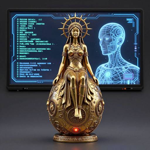 Golden statue of a serene, haloed woman seated on an ornate sphere, with a holographic human blueprint screen in the background. Digital meets classical