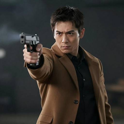 Determined Man Aiming Glowing Handgun