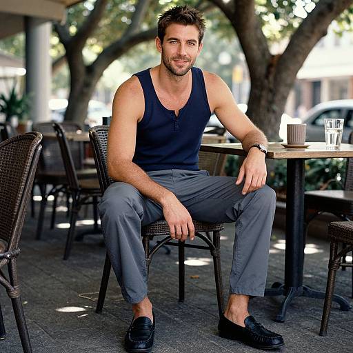 Photograph of a handsome, muscular man with short brown hair and beard, wearing a black tank top, gray pants, and black loafers, sitting