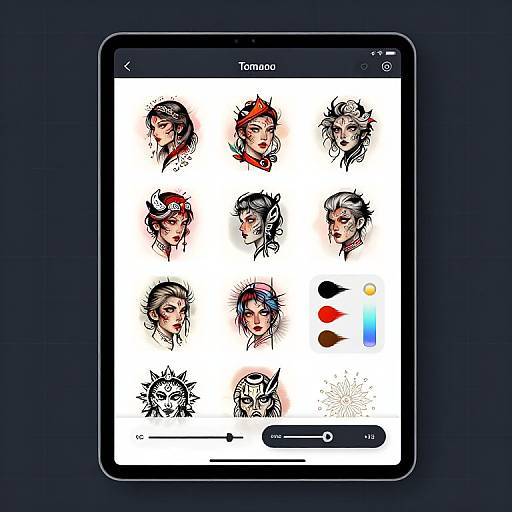 Photograph of a tablet displaying a digital art interface with nine stylized, colored head sketches and color palette.