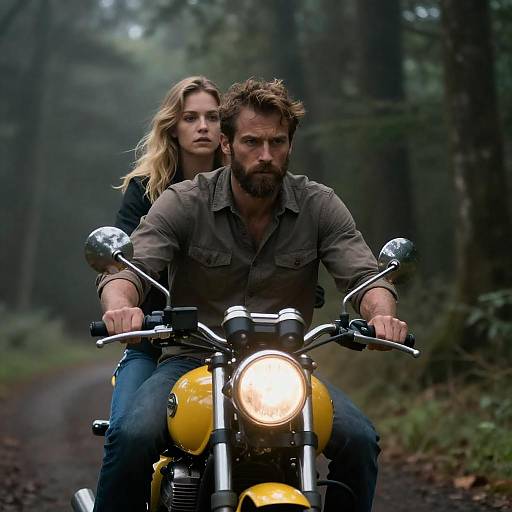 Rugged Couple Riding Misty Yellow Motorcycle