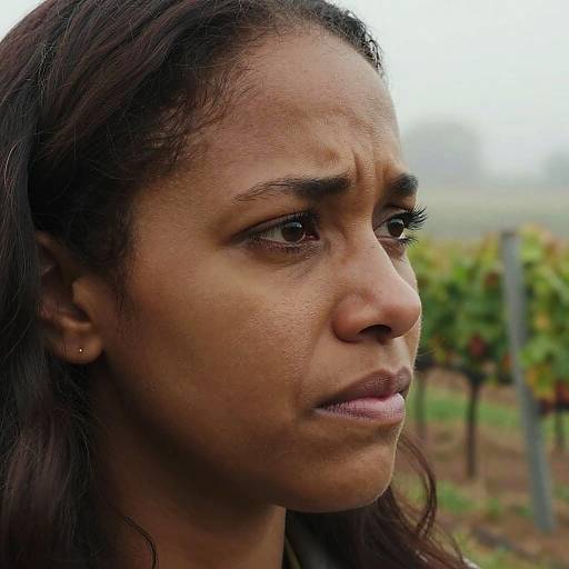 Close-up photograph of a serious-looking South Asian woman with dark brown hair, brown eyes, and medium brown skin, standing in a vineyard with blurred