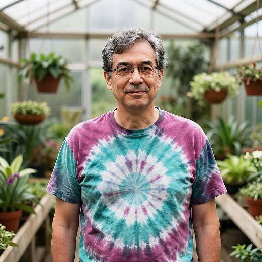 Tie-Dye Botanist Among Vintage Hanging Terrariums