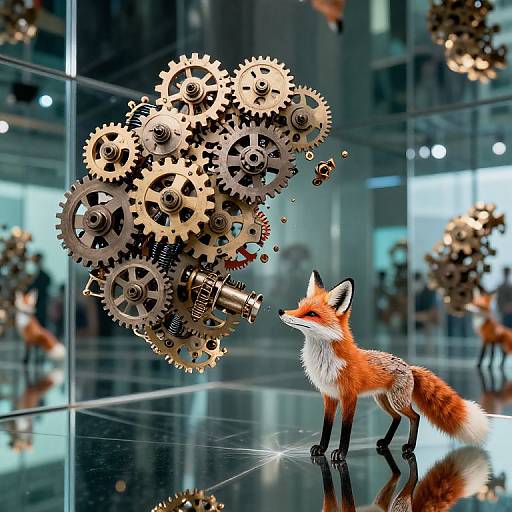 Photograph of a realistic red fox with white underbelly and black legs, standing on a reflective glass floor, gazing up at floating mechanical gears