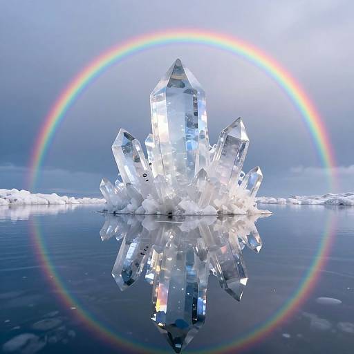 Photorealistic CGI of transparent crystal cluster with rainbow halo, reflecting on calm, icy water surface, under a cloudy sky.