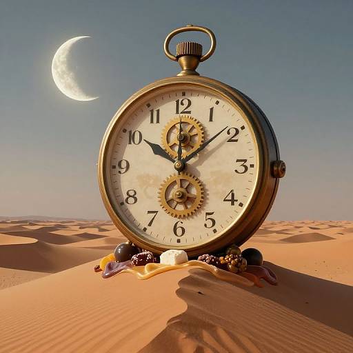 Photograph of a large, antique clock with gold gears, standing in a desert with a crescent moon in the clear blue sky. Clock rests on