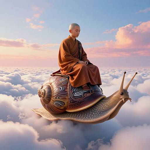 Digital artwork of a bald, robed monk riding a large, patterned snail above a sea of fluffy clouds at sunset.