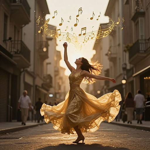 Photograph of a dancing woman in a flowing golden dress, music notes swirling above her head, sun setting in a narrow European street.