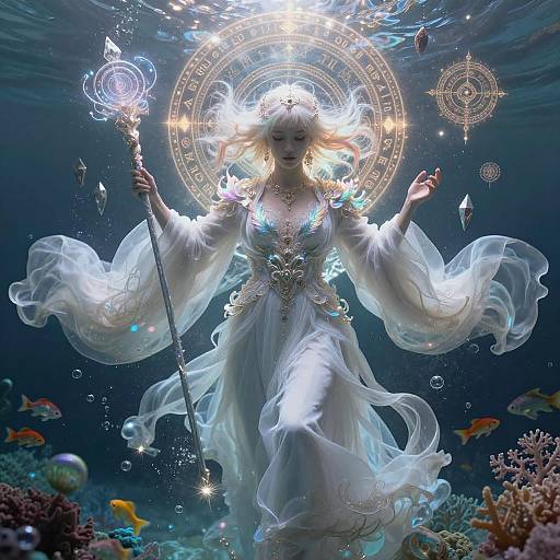 Iridescent Underwater Phoenix Sorceress Invoking Magic