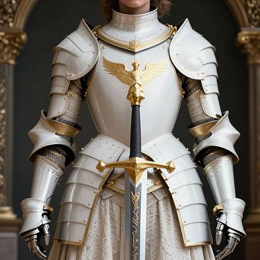 Photorealistic image of a knight in silver armor with gold accents, featuring a sword with a golden hilt, standing in a grand, darkened