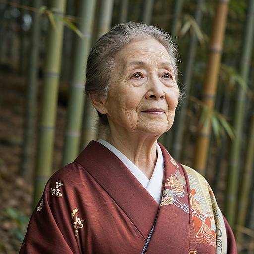 Photograph of an elderly Japanese woman with gray hair, wearing a maroon kimono with floral patterns, smiling against a bamboo background.