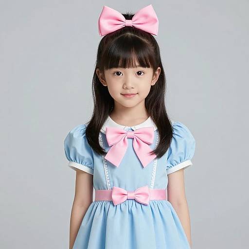 Photograph of an Asian girl with long black hair, wearing a blue dress with white trim, pink bows, and a matching pink bow headband,
