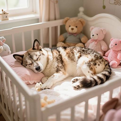 Photograph of a sleeping Husky with black and white fur in a sunlit white crib, surrounded by pink teddy bears and a beige teddy