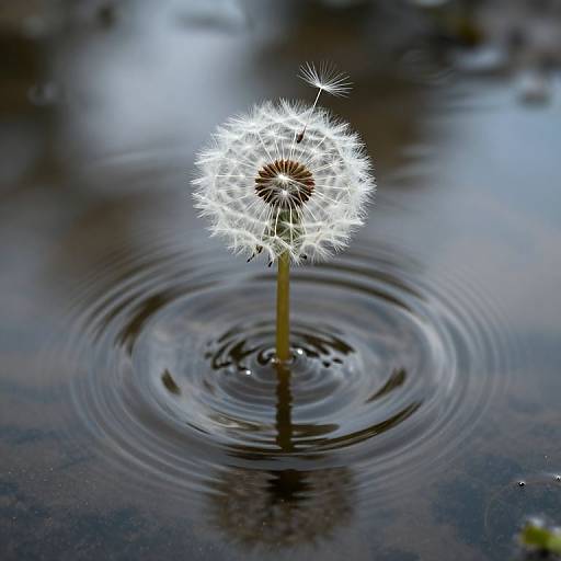 Photograph of a glowing dandelion seed head emerging from dark, rippling water with concentric ripples surrounding its slender stem.