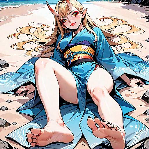 Blonde Oni Girl in Blue Kimono