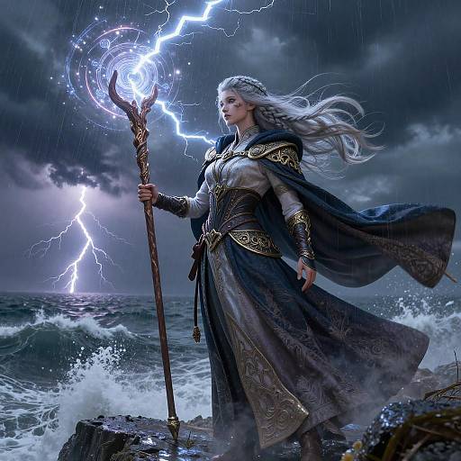 Storm Mage Summoning Lightning on Coastal Cliff