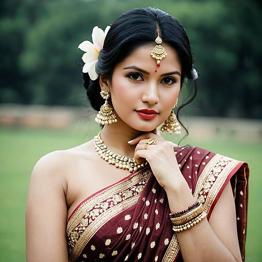 Indian Bride in Maroon Saree with Gold Jewelry